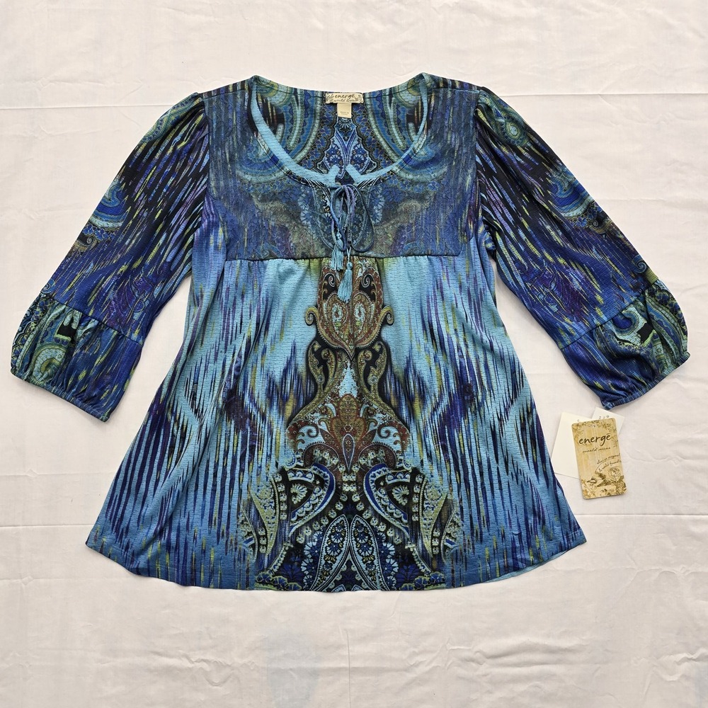 Energe World Wear Womens S Y2K Boho Paisley Tunic Top 3/4 Sleeve NWT Fairy